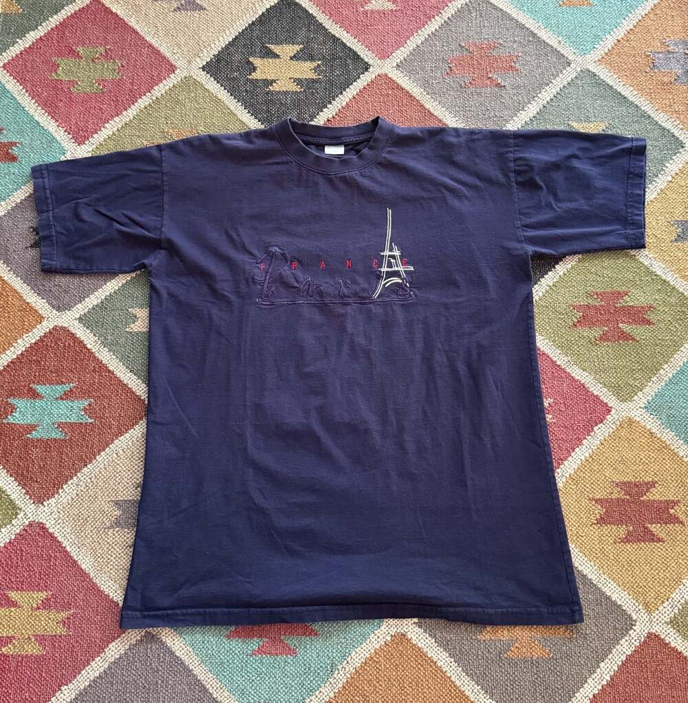 Vintage Mirage Paris France Embroidered Eiffel Tower Navy Blue T-Shirt XL